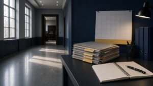 Court corridor and dated case files for parental alienation evidence guide