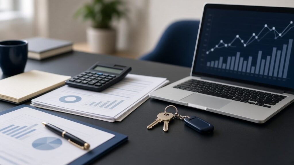 Financial documents and keys representing hidden assets investigation