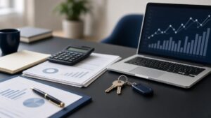 Financial documents and keys representing hidden assets investigation