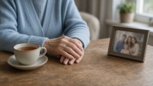 Elderly hands with tea cup suggesting elder abuse warning signs