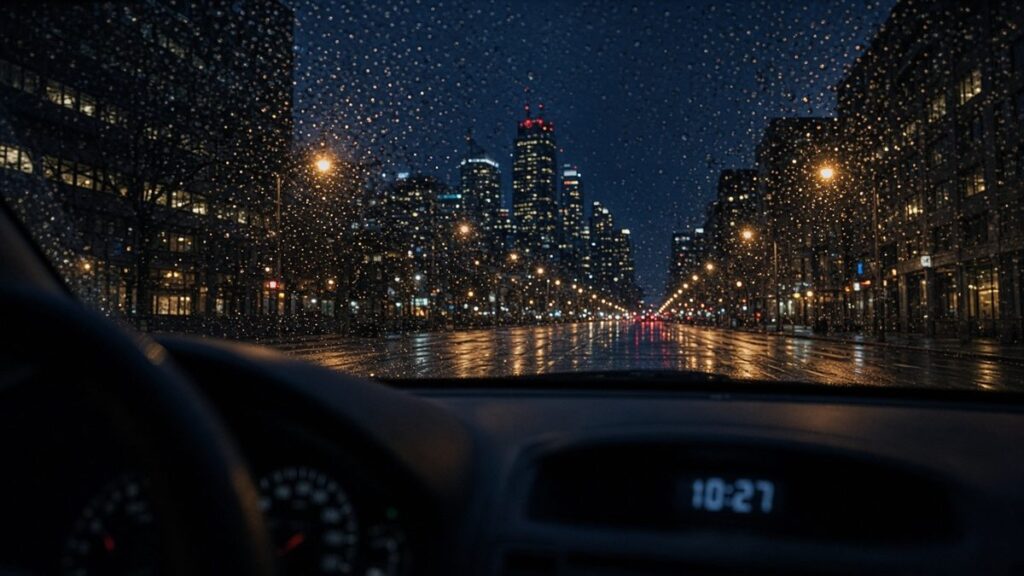 Rainy night windshield view representing surveillance timeline